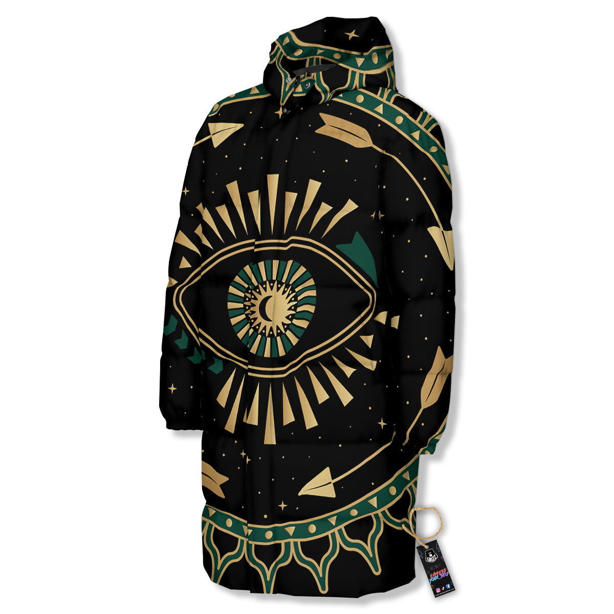 Masonic Eye Green Print Long Down Jacket-grizzshop