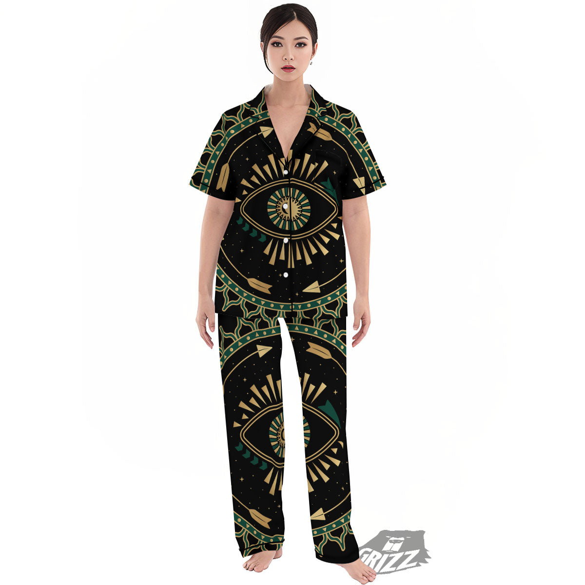 Masonic Eye Green Print Women's Pajamas Set-grizzshop