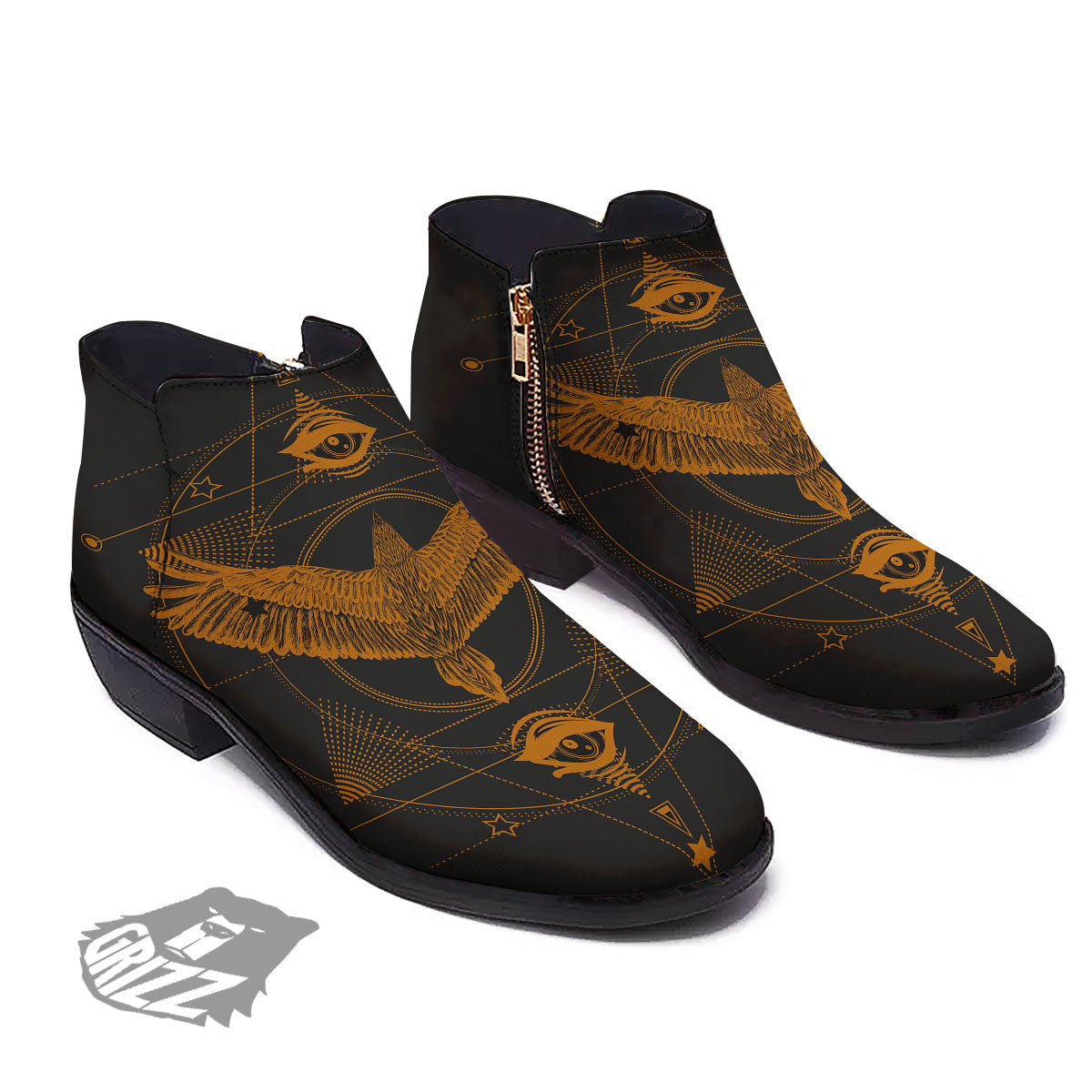 Masonic Eye Raven Print Ankle Boots-grizzshop