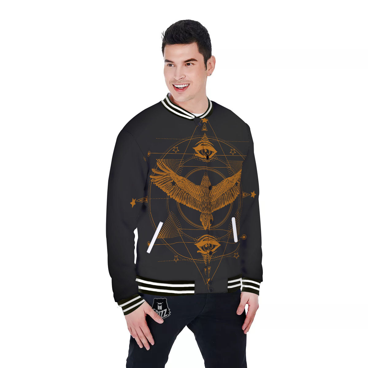 Masonic Eye Raven Print Baseball Jacket-grizzshop