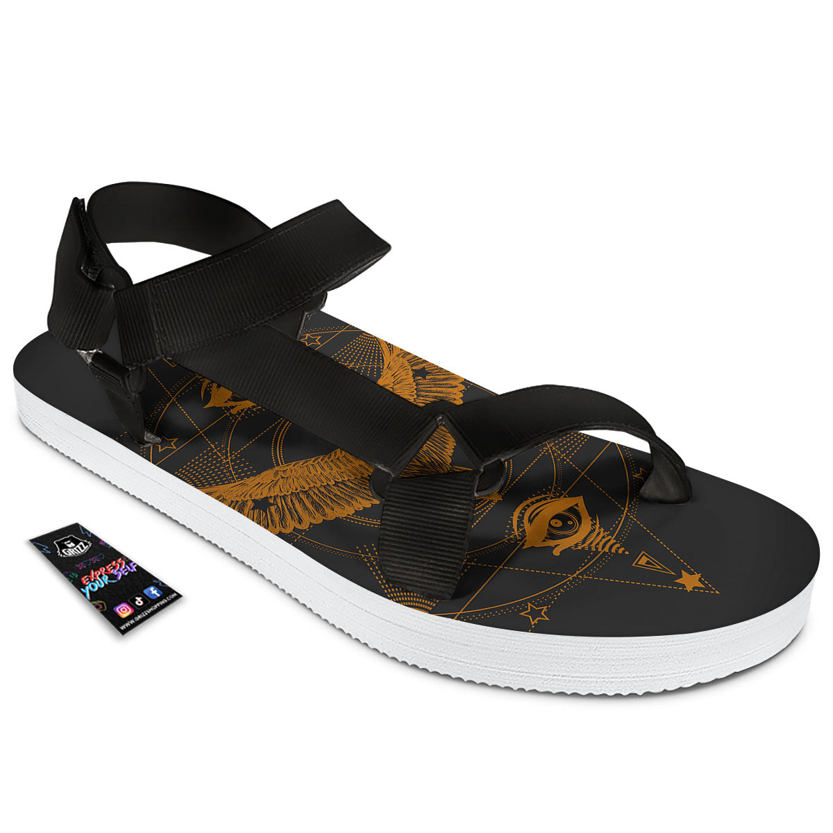 Masonic Eye Raven Print Black Open Toe Sandals-grizzshop