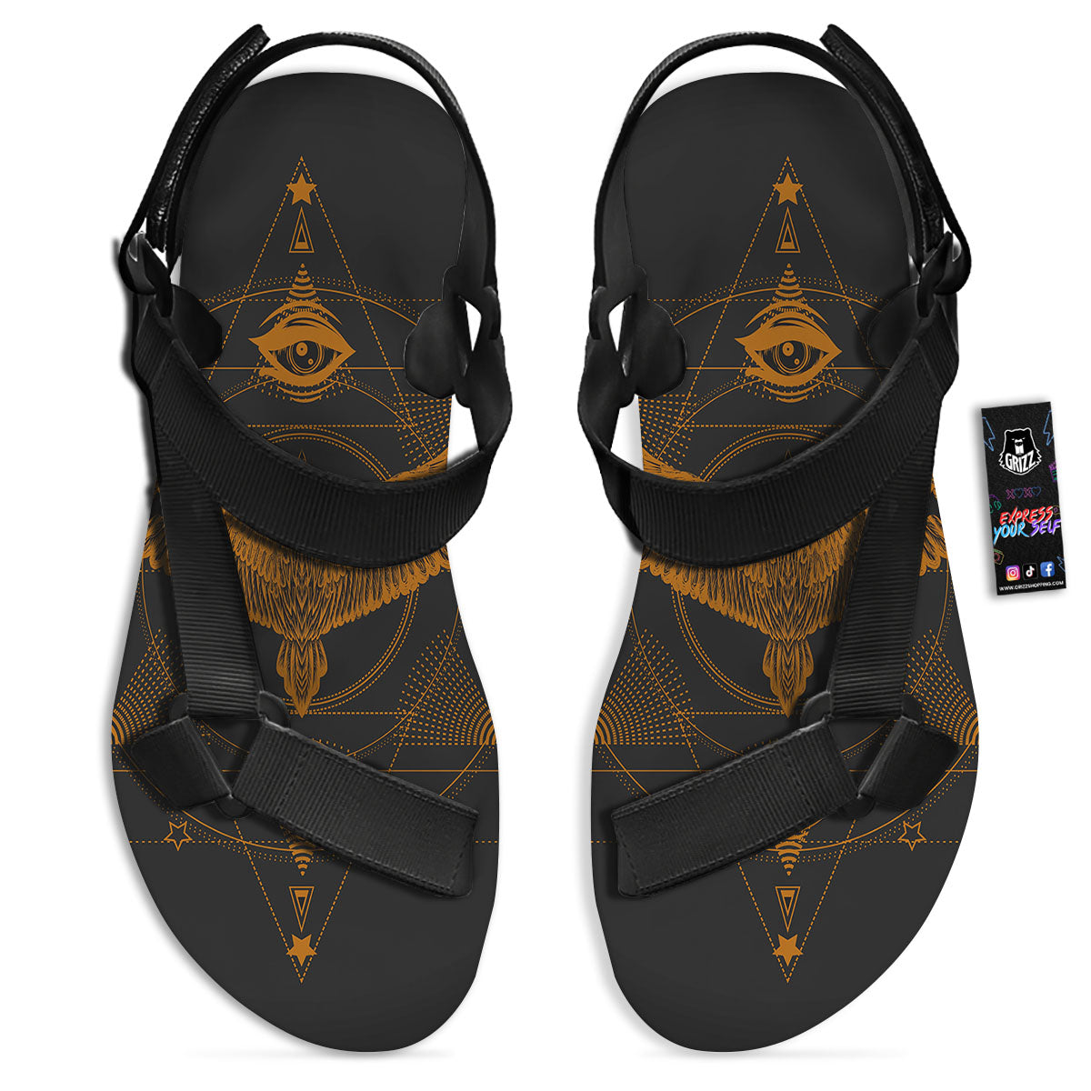 Masonic Eye Raven Print Black Open Toe Sandals-grizzshop