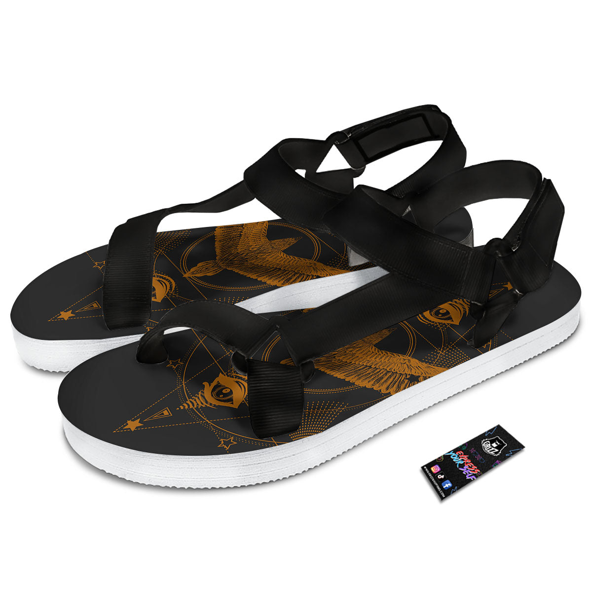 Masonic Eye Raven Print Black Open Toe Sandals-grizzshop