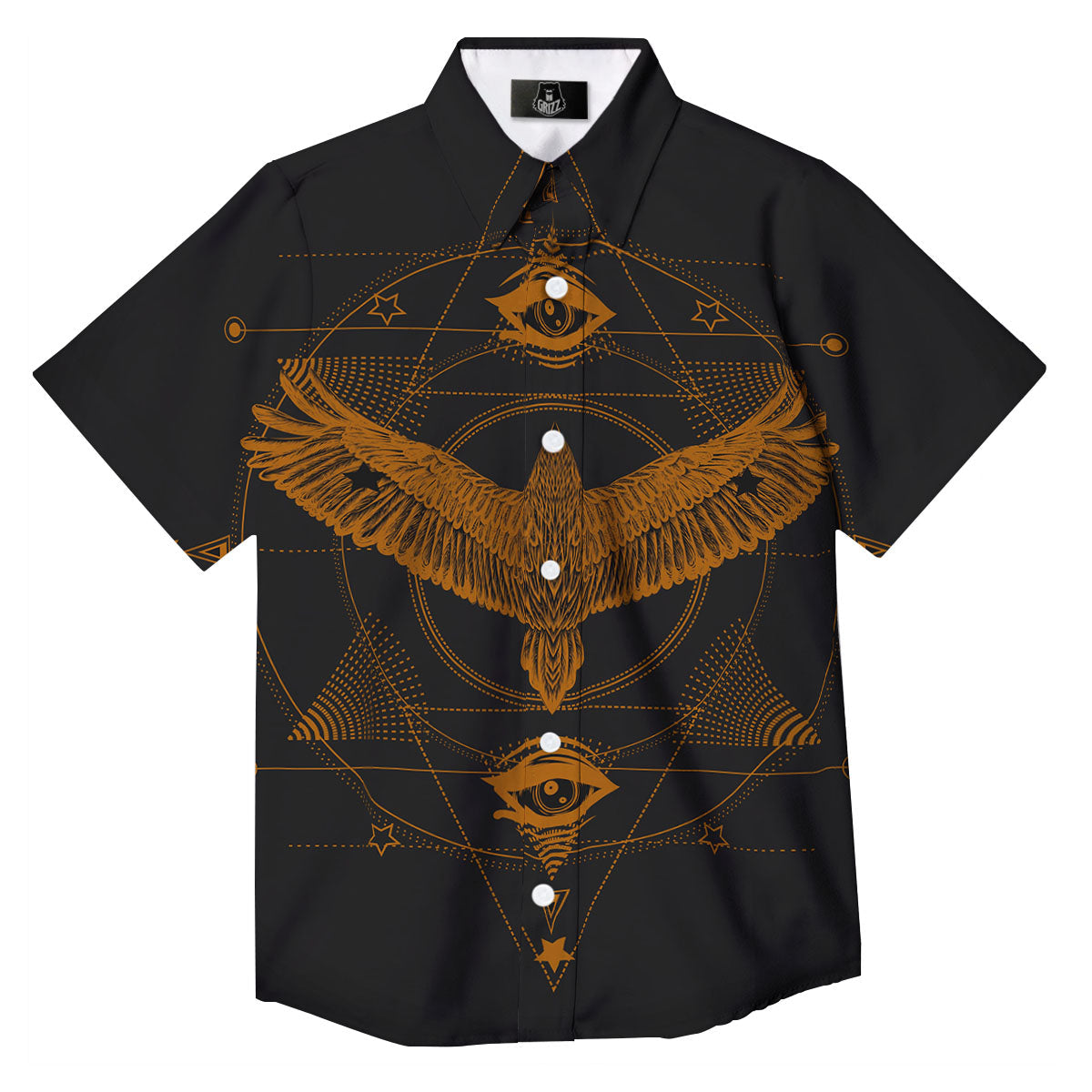 Masonic Eye Raven Print Button Up Shirt-grizzshop