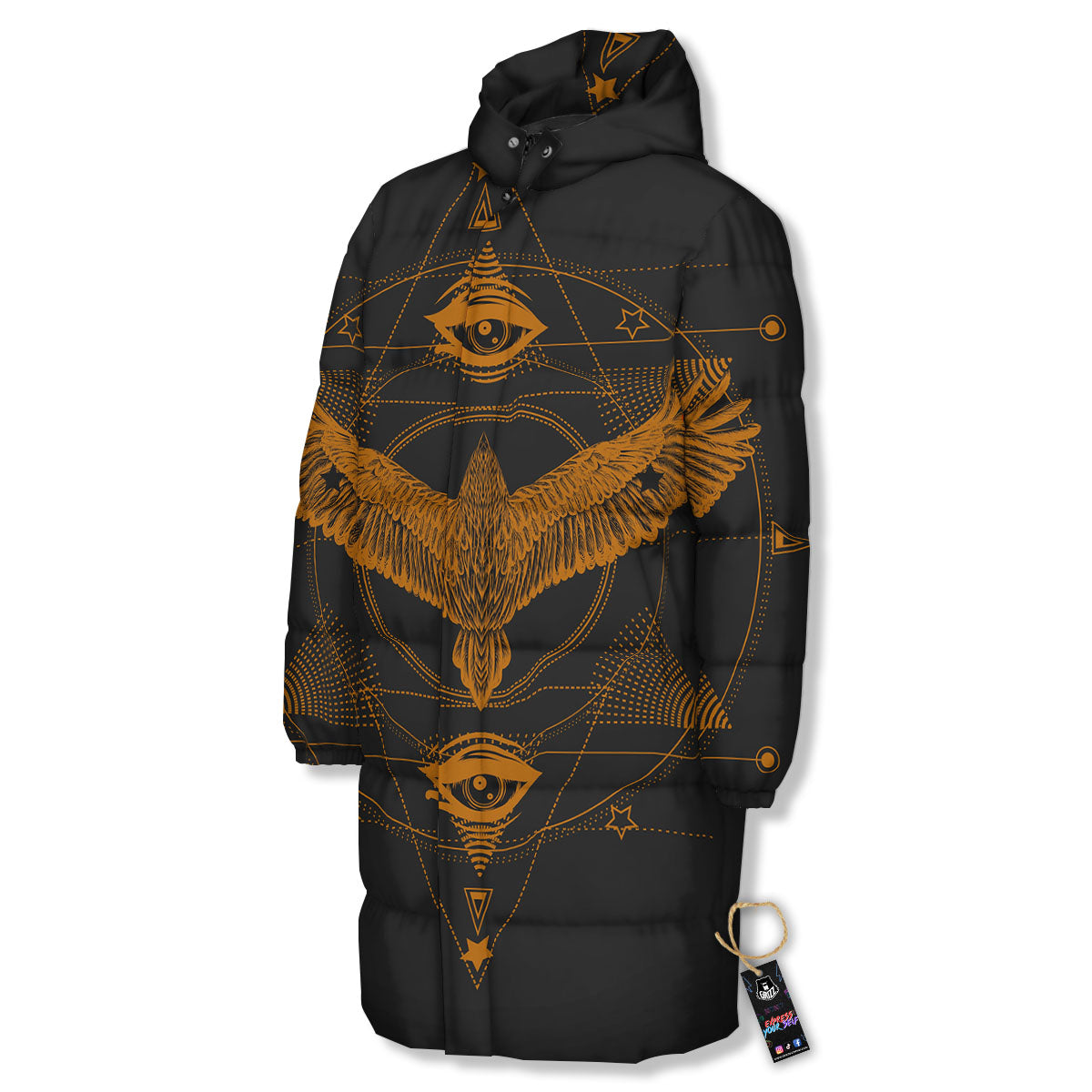 Masonic Eye Raven Print Long Down Jacket-grizzshop