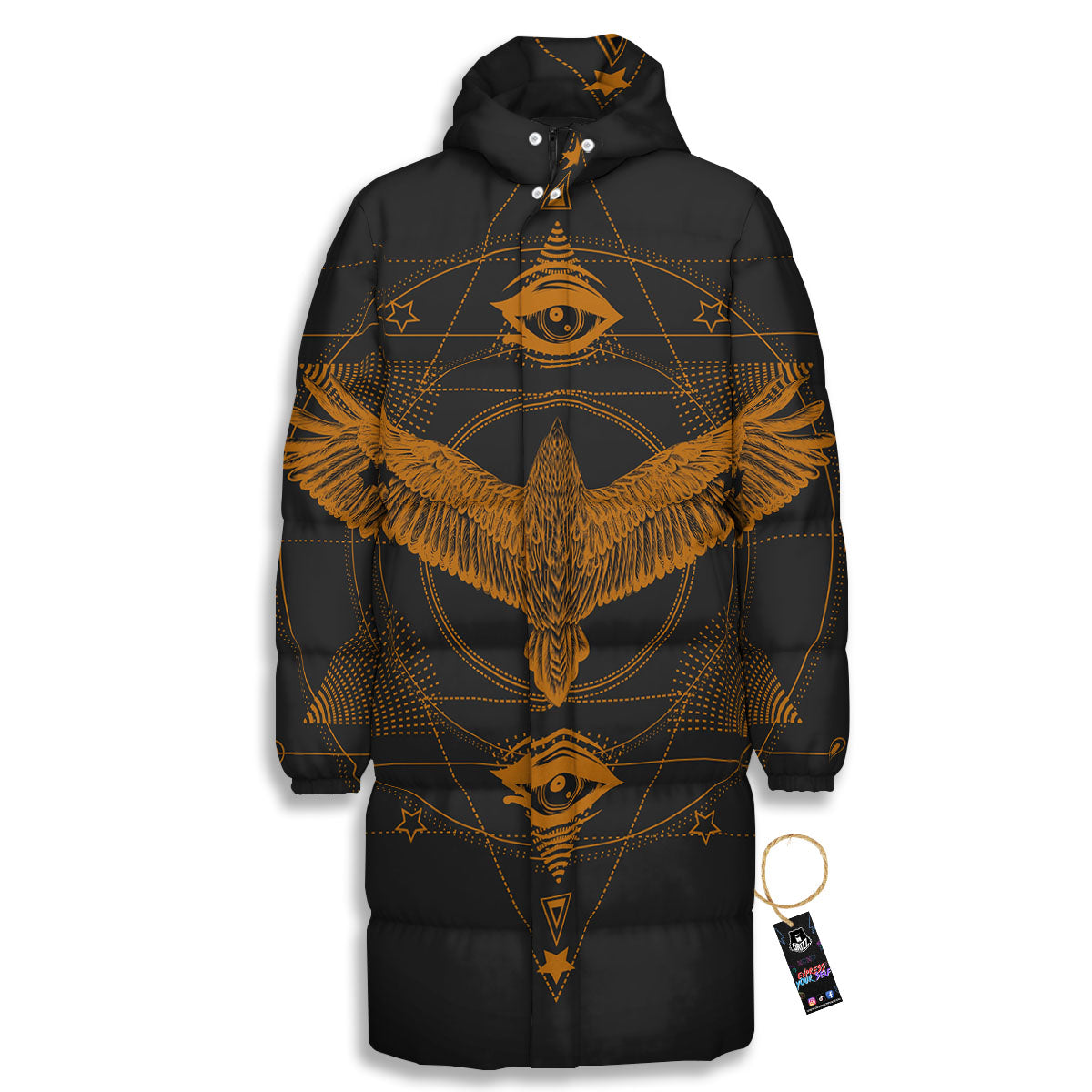 Masonic Eye Raven Print Long Down Jacket-grizzshop