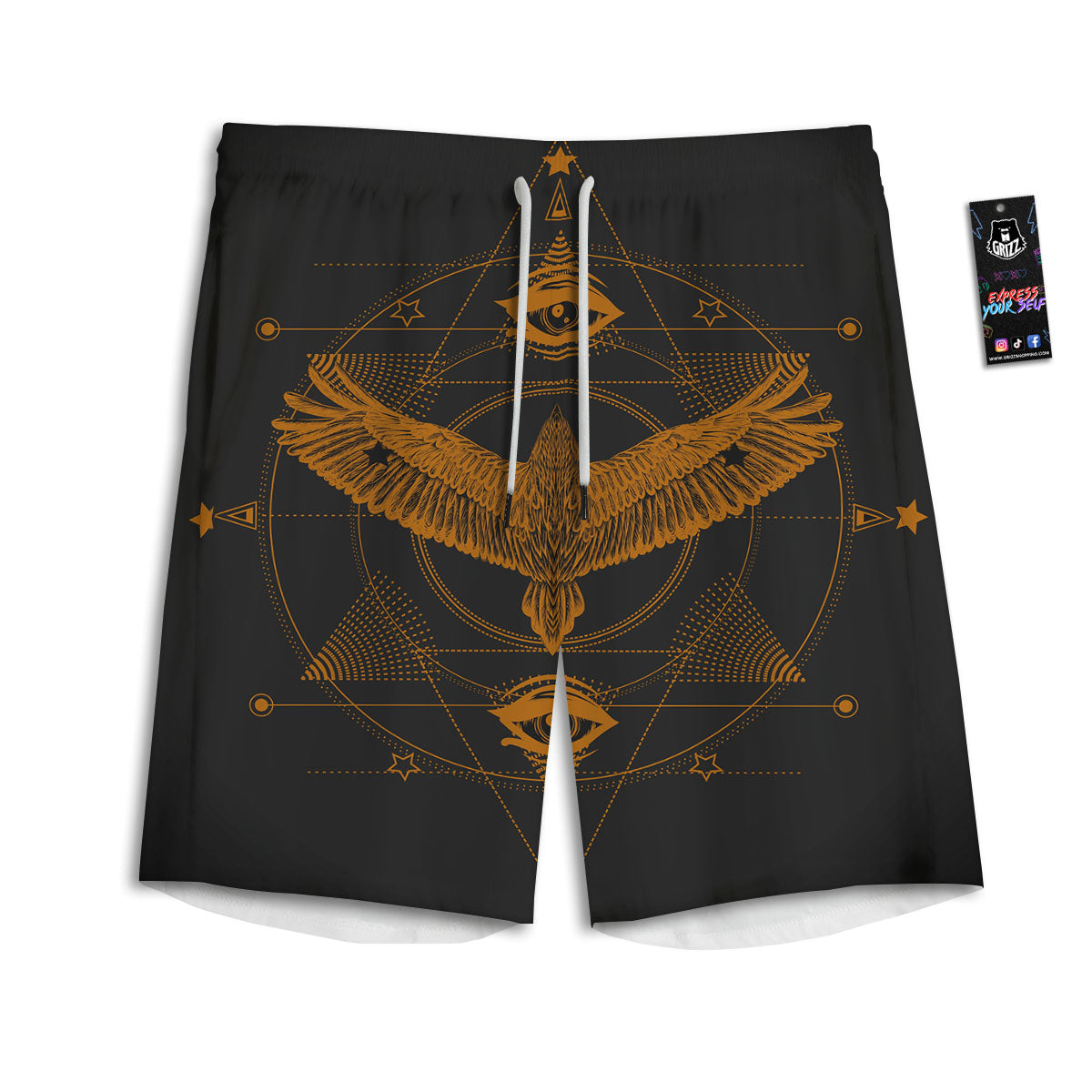 Masonic Eye Raven Print Men's Athletic Shorts