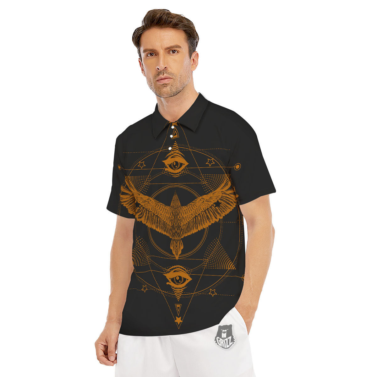 Masonic Eye Raven Print Men's Golf Shirts-grizzshop
