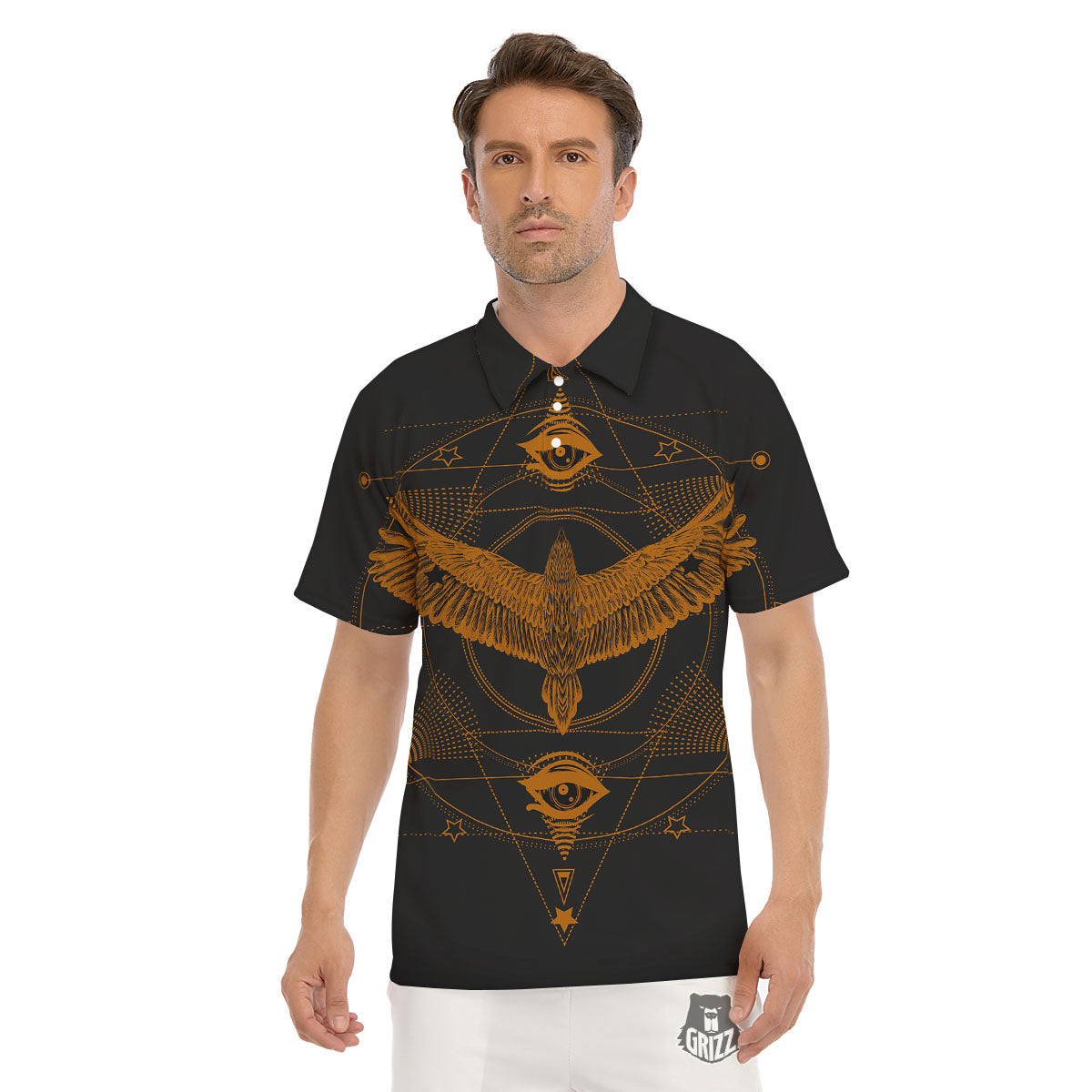 Masonic Eye Raven Print Men's Golf Shirts-grizzshop