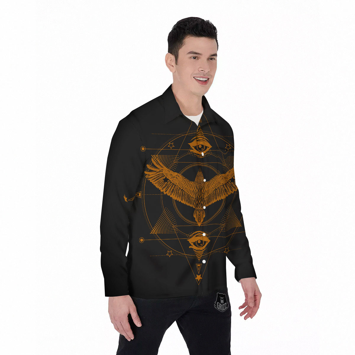 Masonic Eye Raven Print Men's Long Sleeve Shirts-grizzshop