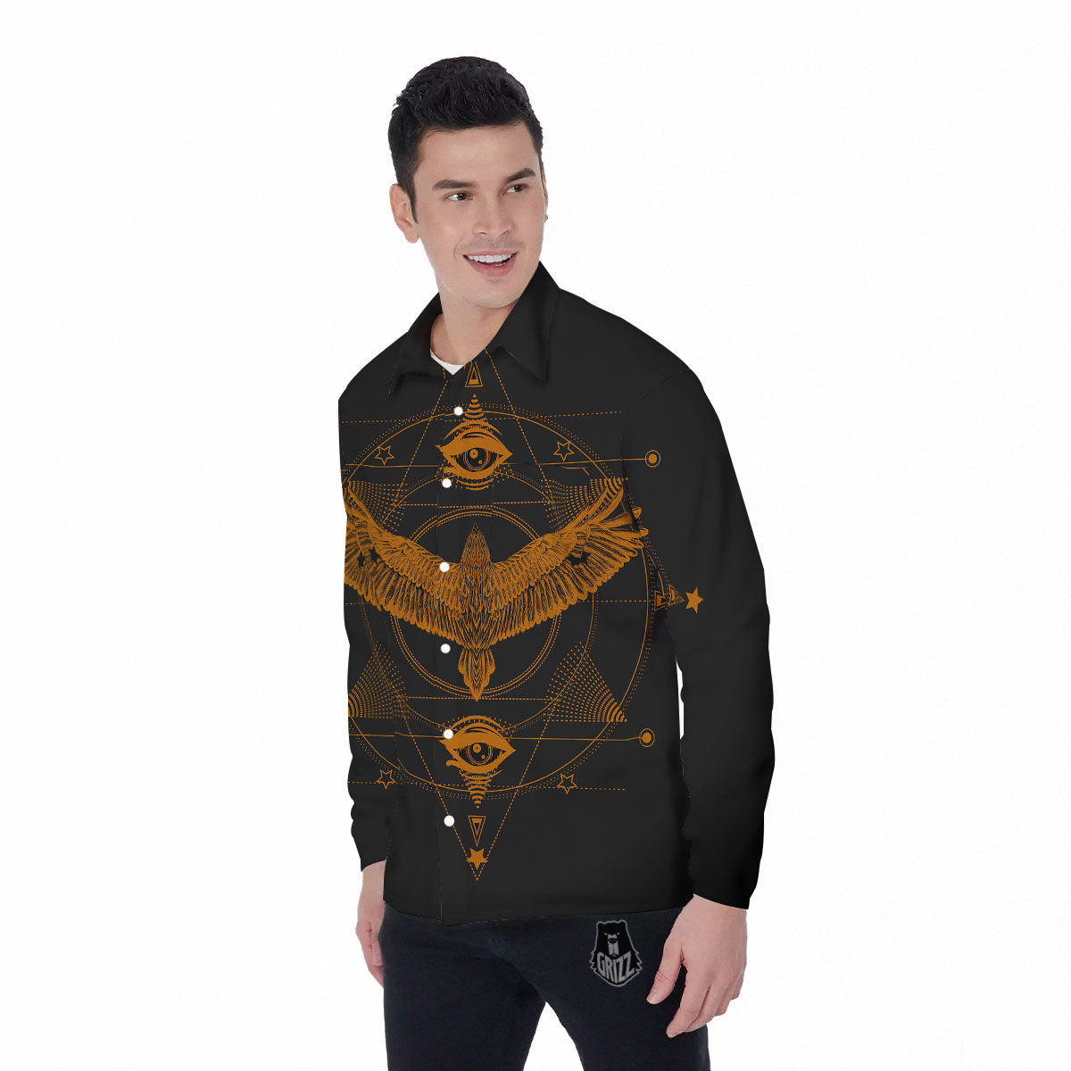 Masonic Eye Raven Print Men's Long Sleeve Shirts-grizzshop
