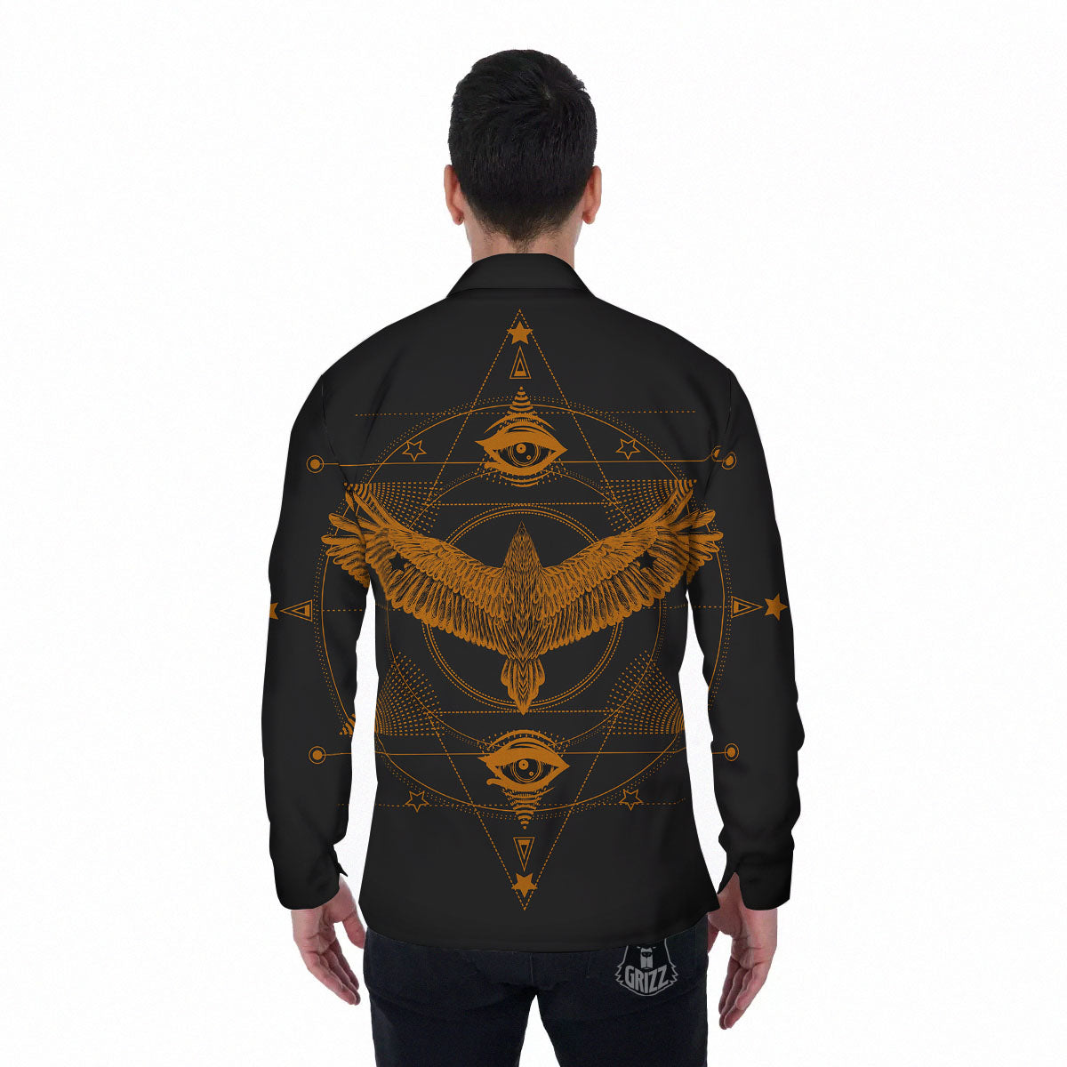 Masonic Eye Raven Print Men's Long Sleeve Shirts-grizzshop