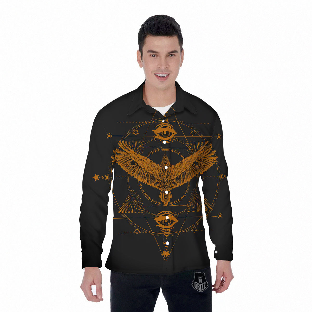 Masonic Eye Raven Print Men's Long Sleeve Shirts-grizzshop