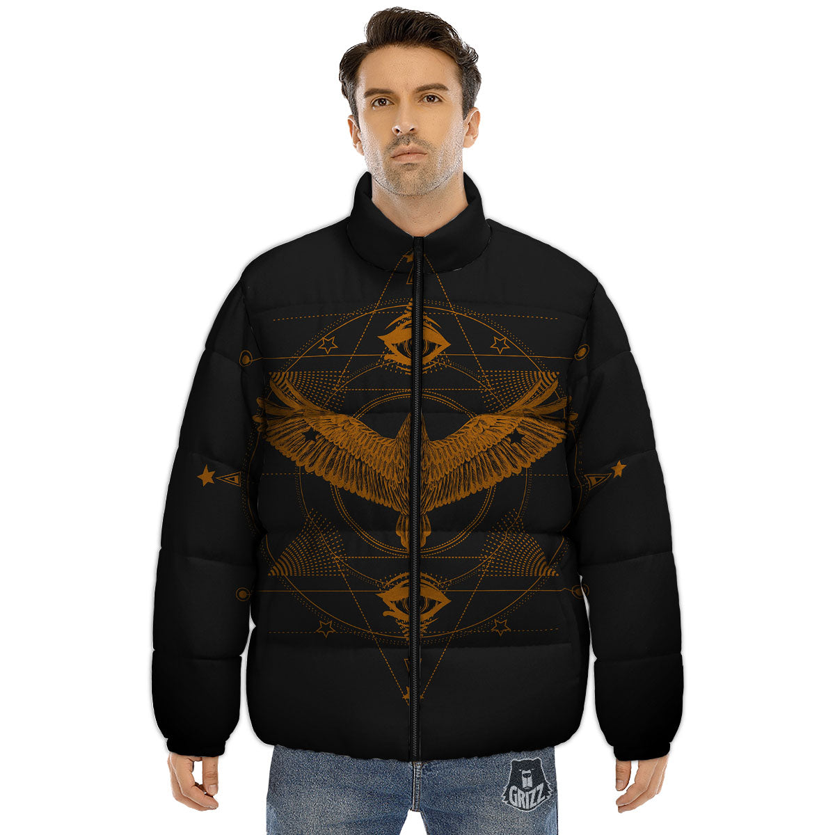 Masonic Eye Raven Print Puffer Jacket-grizzshop