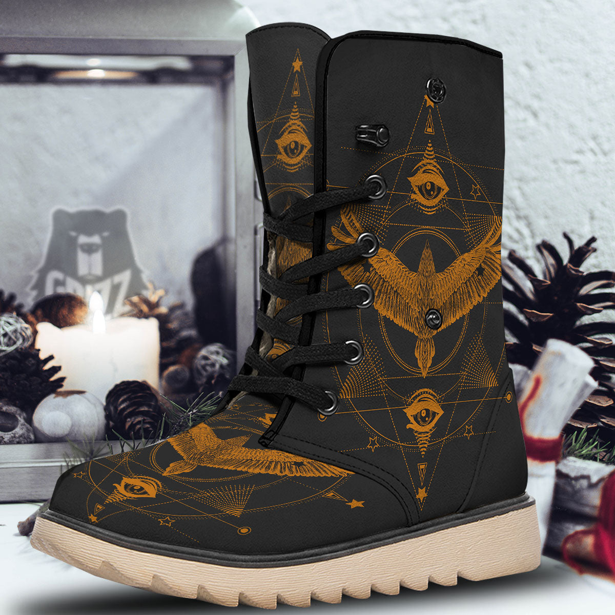 Masonic Eye Raven Print Snow Boots-grizzshop