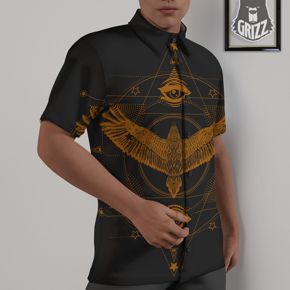 Masonic Eye Raven Print Untucked Shirts-grizzshop