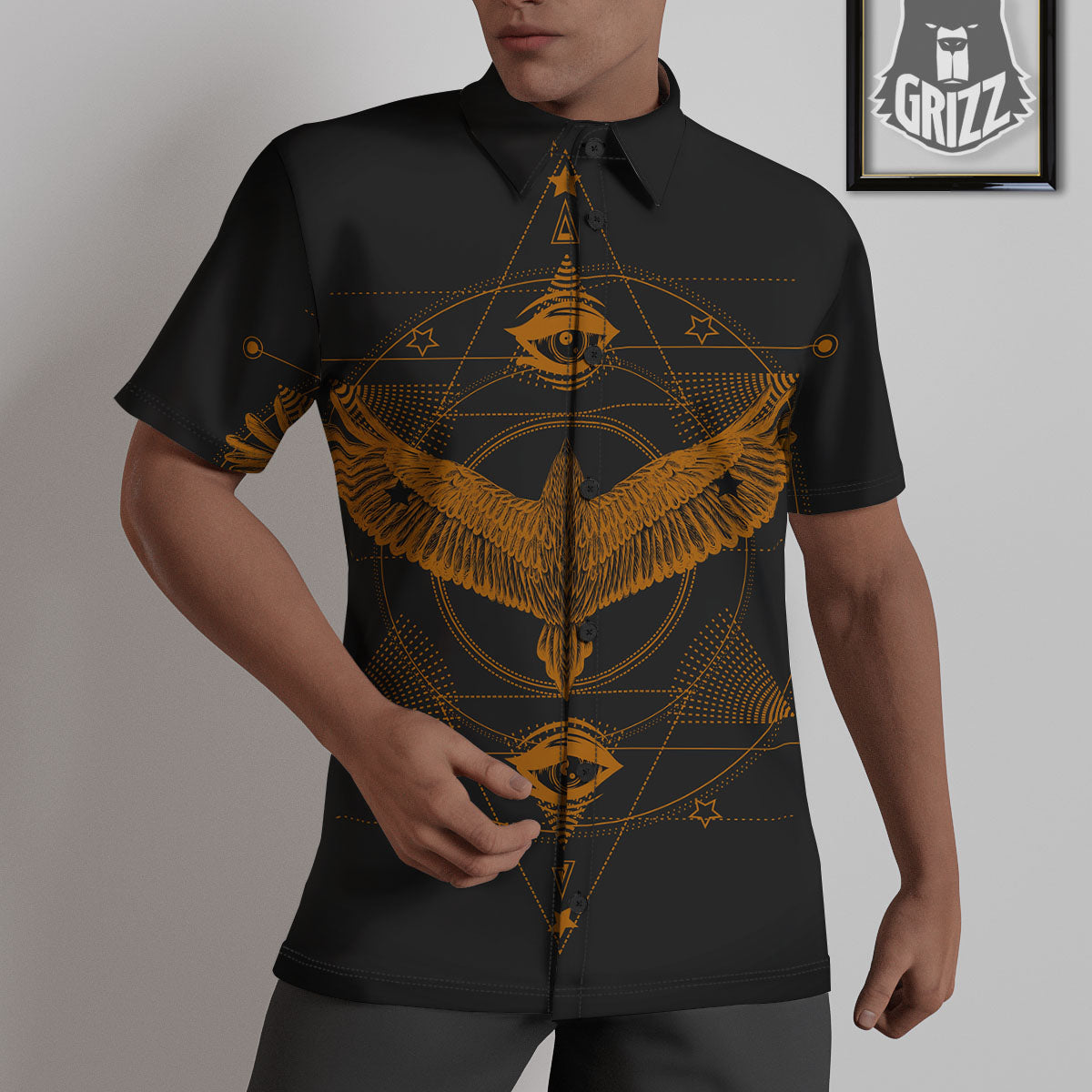 Masonic Eye Raven Print Untucked Shirts-grizzshop