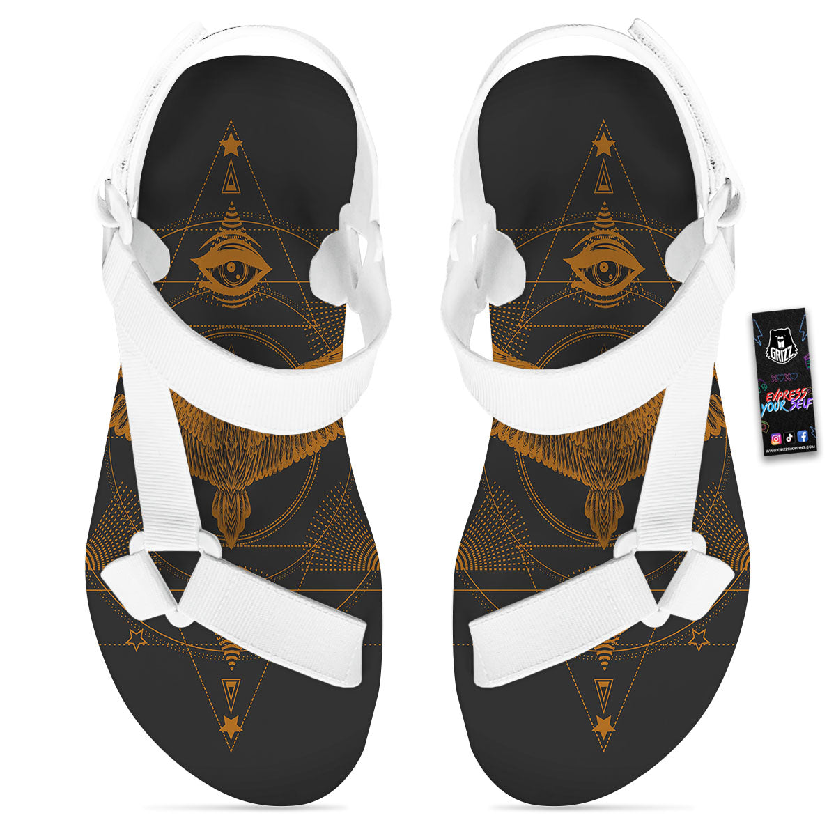 Masonic Eye Raven Print White Open Toe Sandals-grizzshop