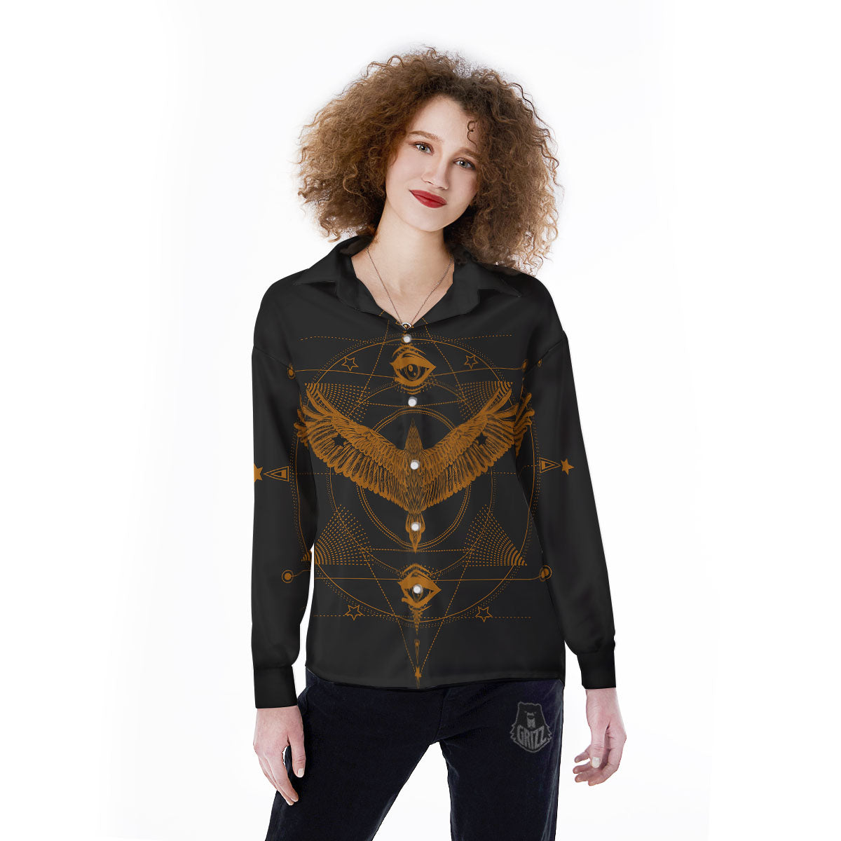 Masonic Eye Raven Print Women's Long Sleeve Shirts-grizzshop