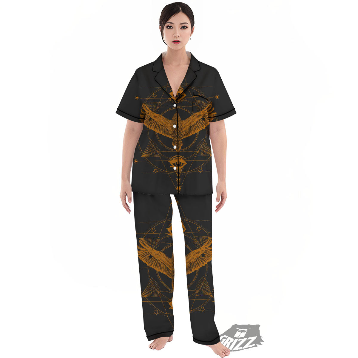 Masonic Eye Raven Print Women's Pajamas Set-grizzshop