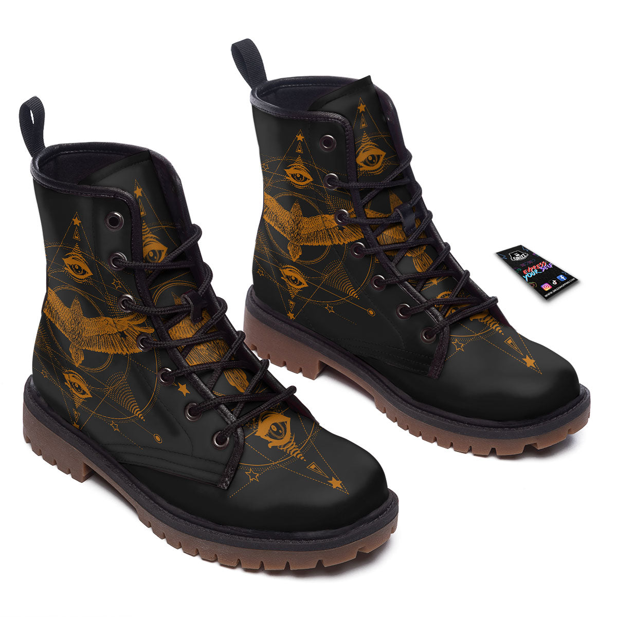Masonic Eye Raven Print Work Boots-grizzshop