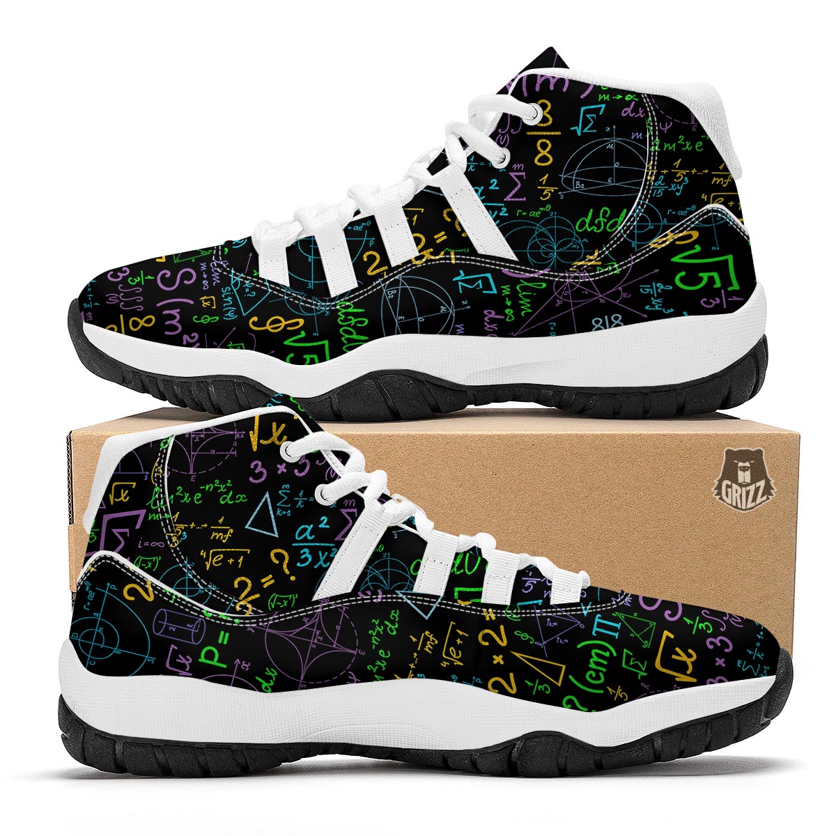 Math Pattern Print White Bball Shoes-grizzshop