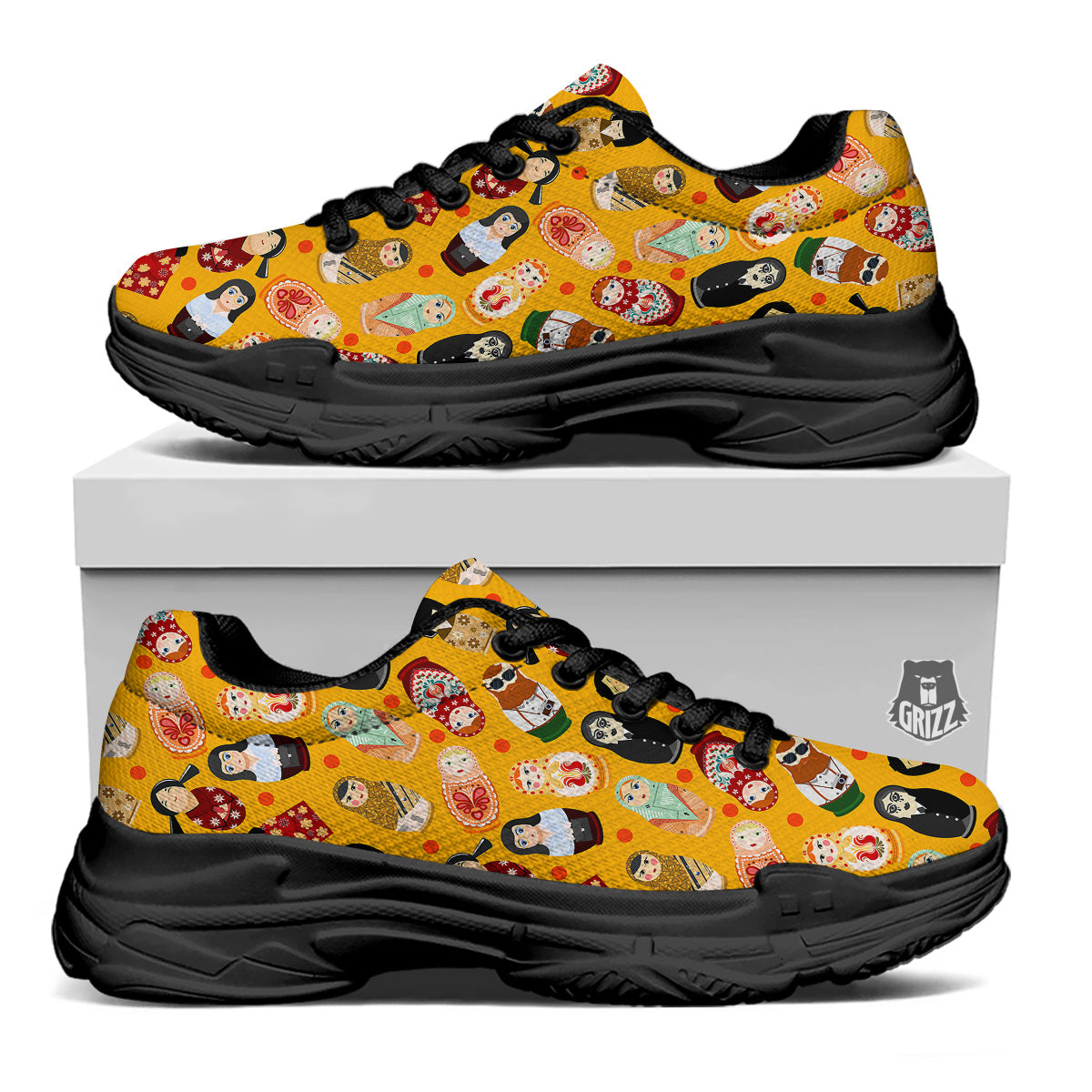 Matryoshka Doll Yellow Print Pattern Black Chunky Shoes-grizzshop
