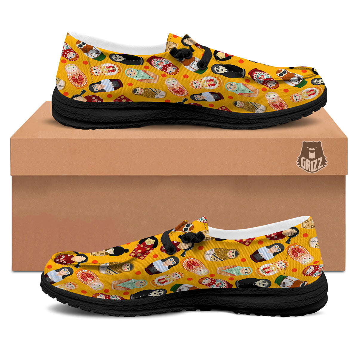 Matryoshka Doll Yellow Print Pattern Black Loafers-grizzshop