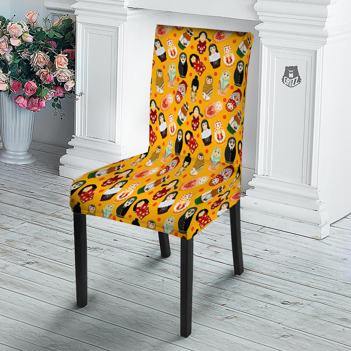 Matryoshka Doll Yellow Print Pattern Dining Chair Slipcover-grizzshop