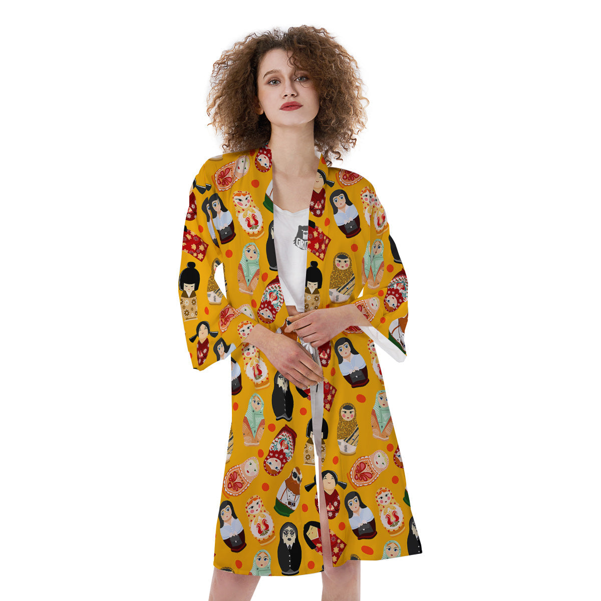 Matryoshka Doll Yellow Print Pattern Kimono-grizzshop