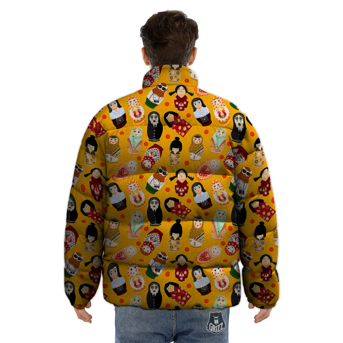 Matryoshka Doll Yellow Print Pattern Puffer Jacket-grizzshop