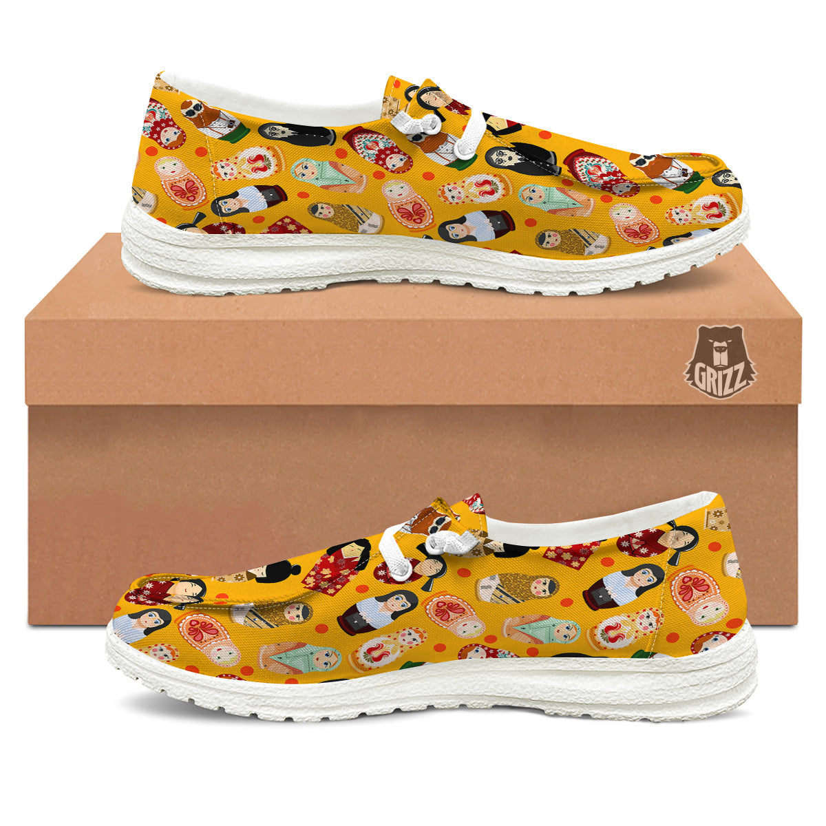 Matryoshka Doll Yellow Print Pattern White Loafers-grizzshop