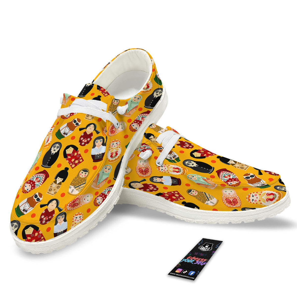 Matryoshka Doll Yellow Print Pattern White Loafers-grizzshop