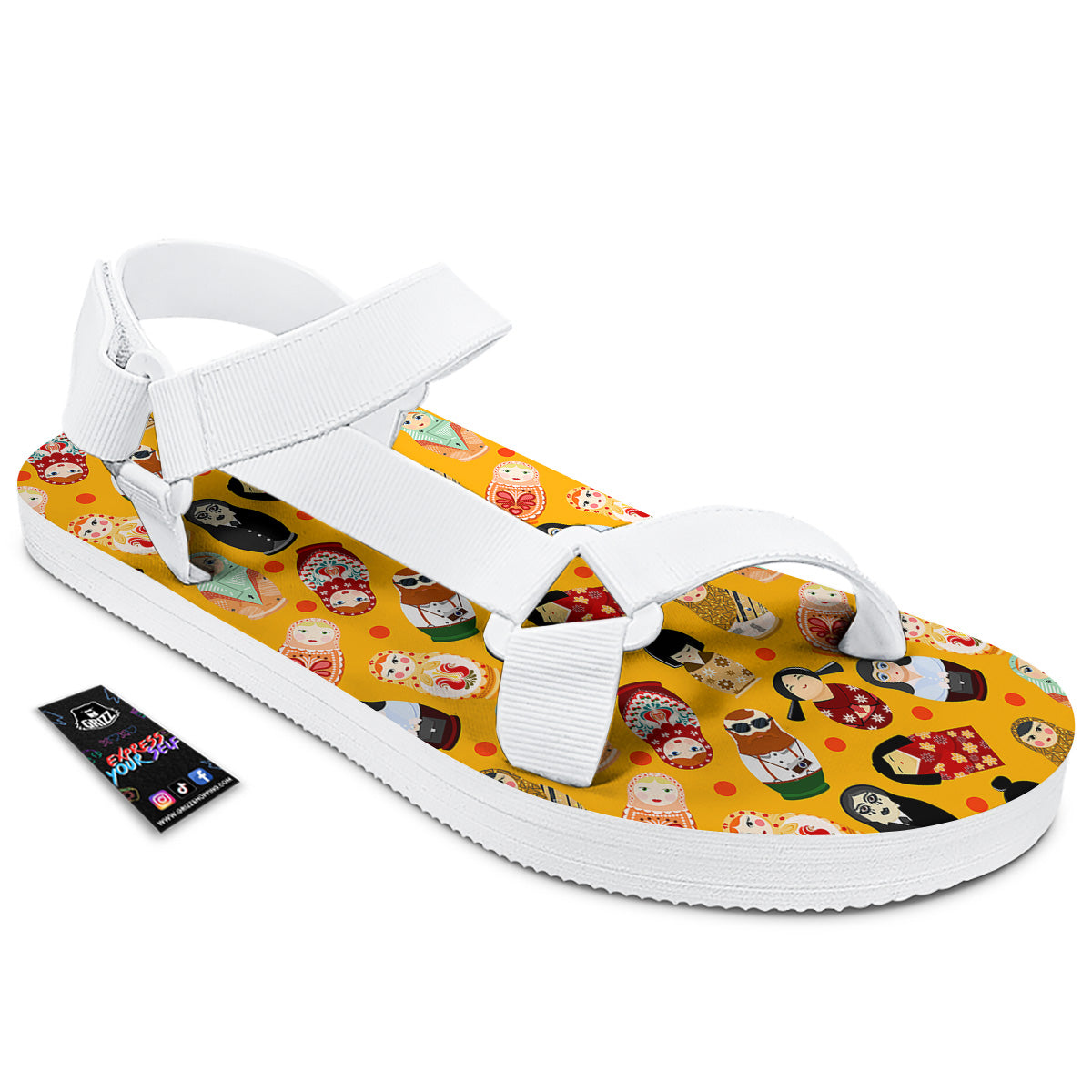 Matryoshka Doll Yellow Print Pattern White Open Toe Sandals-grizzshop