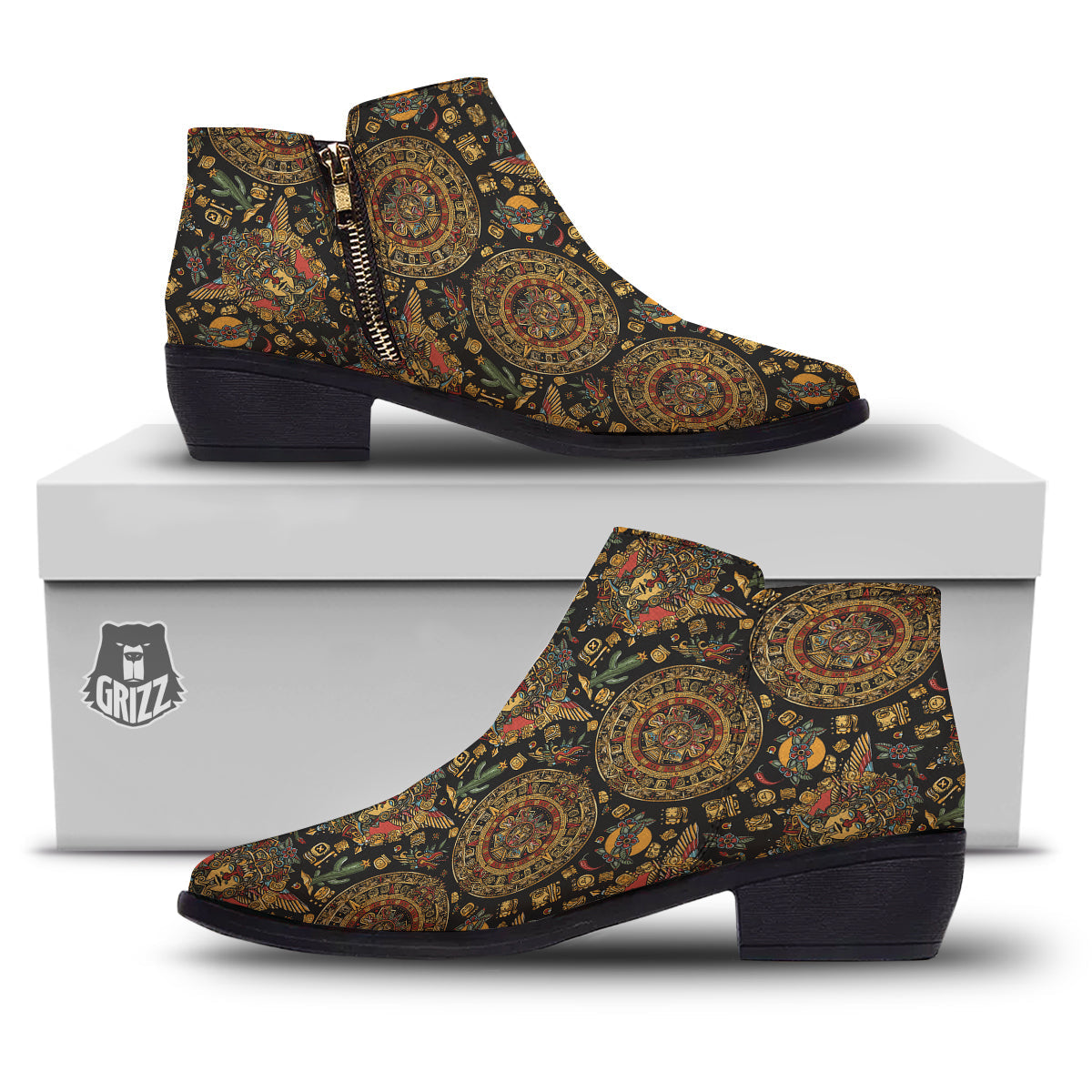 Maya Ancient Print Pattern Ankle Boots-grizzshop