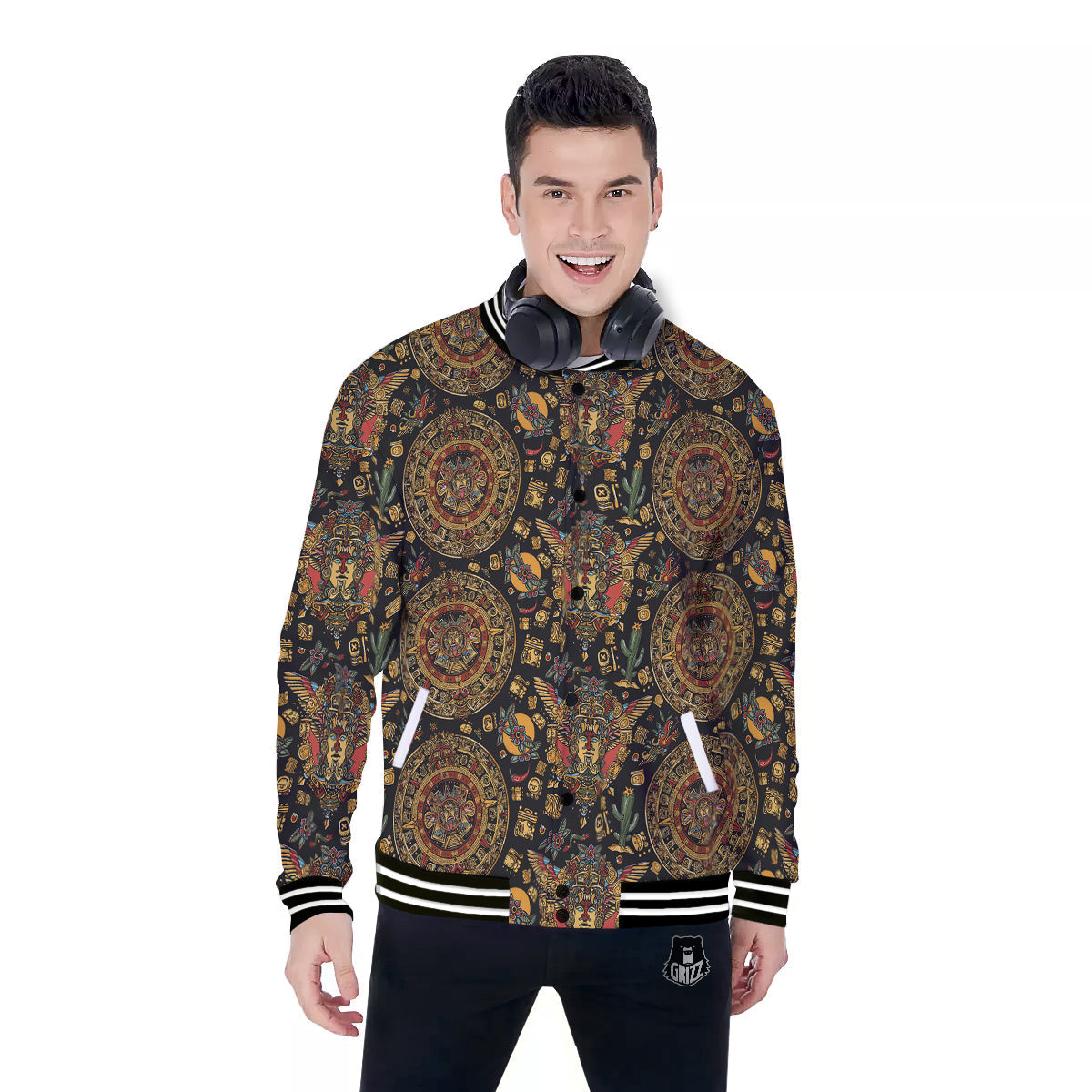 Maya Ancient Print Pattern Baseball Jacket-grizzshop