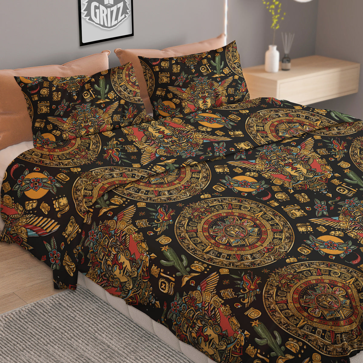 Maya Ancient Print Pattern Duvet Cover Bedding Set