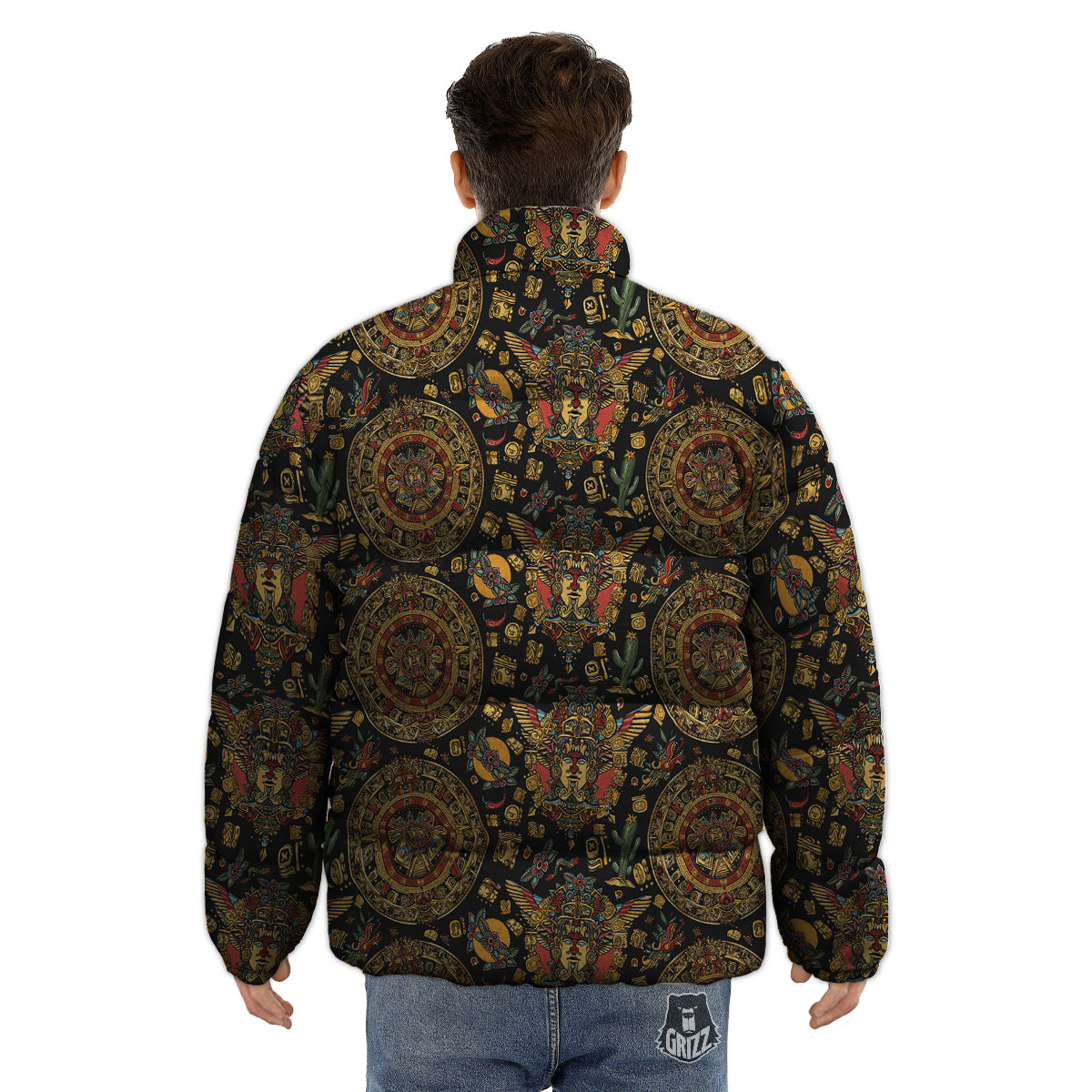 Maya Ancient Print Pattern Puffer Jacket-grizzshop