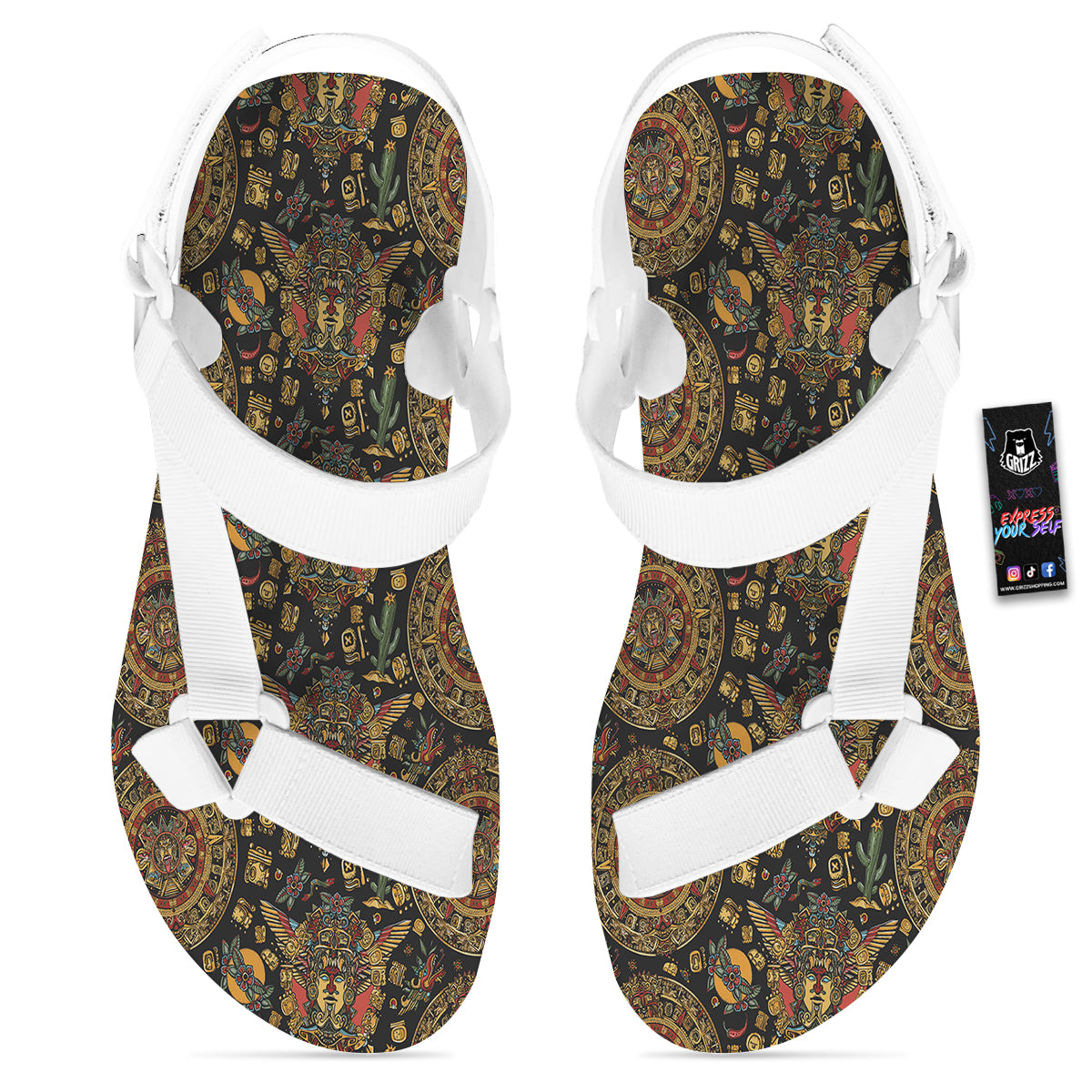 Maya Ancient Print Pattern White Open Toe Sandals-grizzshop