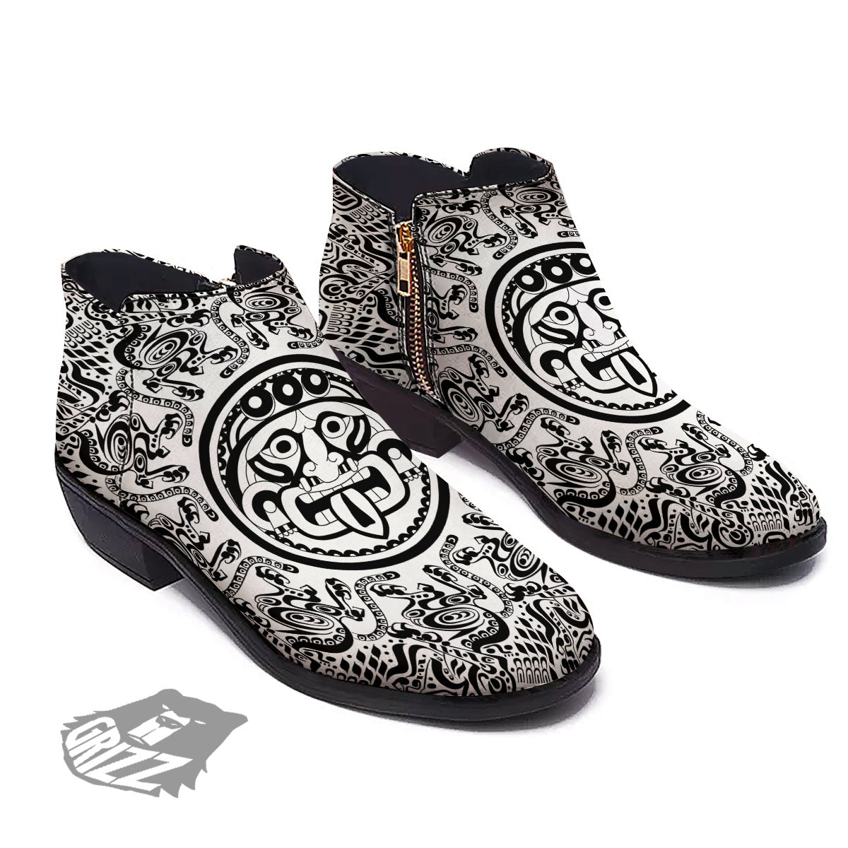 Maya Calendar White And Black Print Ankle Boots-grizzshop