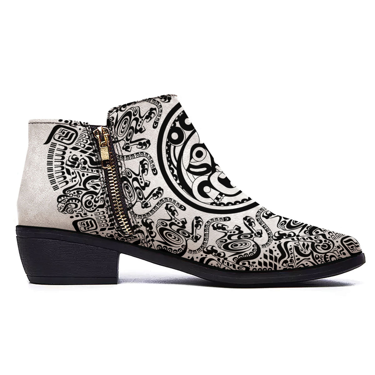 Maya Calendar White And Black Print Ankle Boots-grizzshop