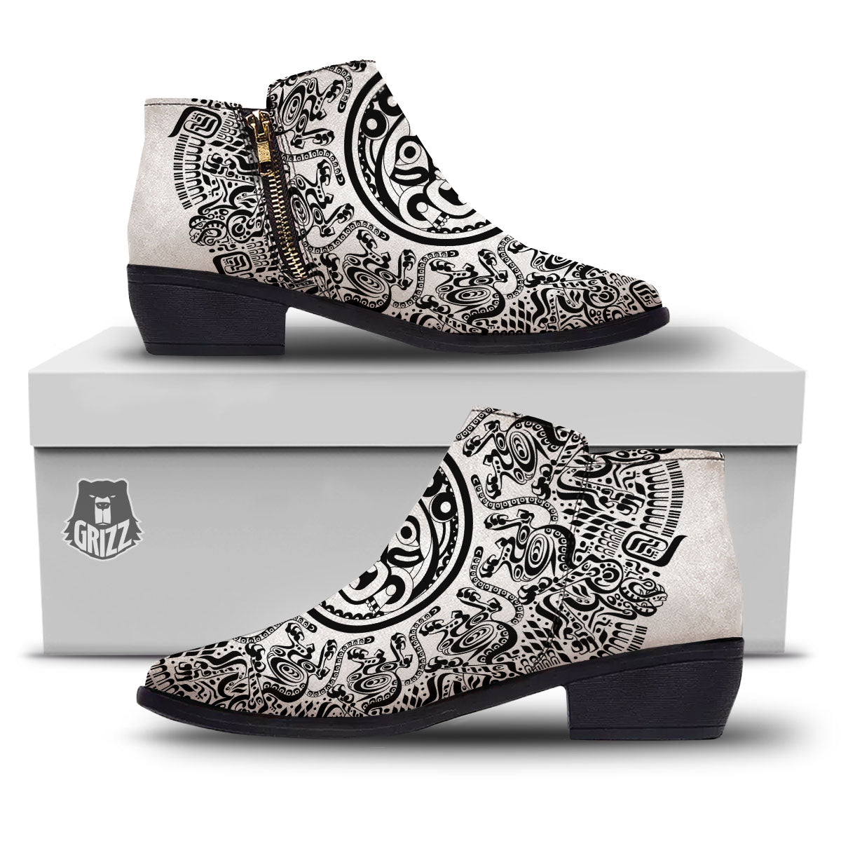 Maya Calendar White And Black Print Ankle Boots-grizzshop
