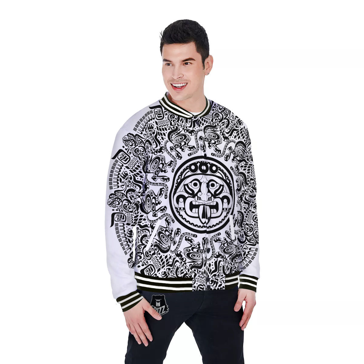 Maya Calendar White And Black Print Baseball Jacket-grizzshop