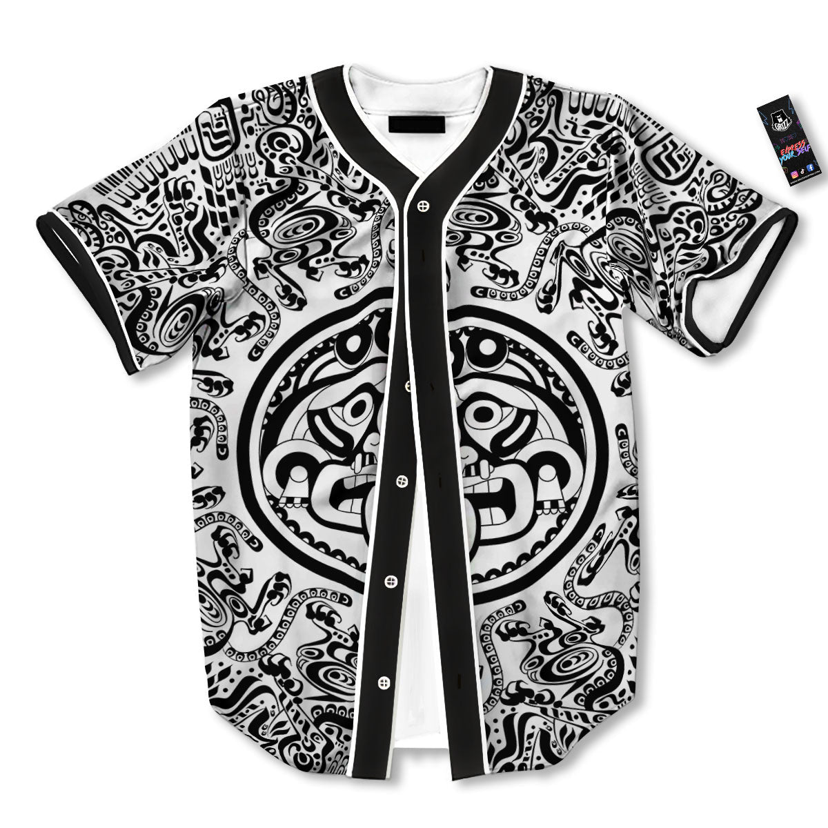 Maya Calendar White And Black Print Baseball Jersey-grizzshop
