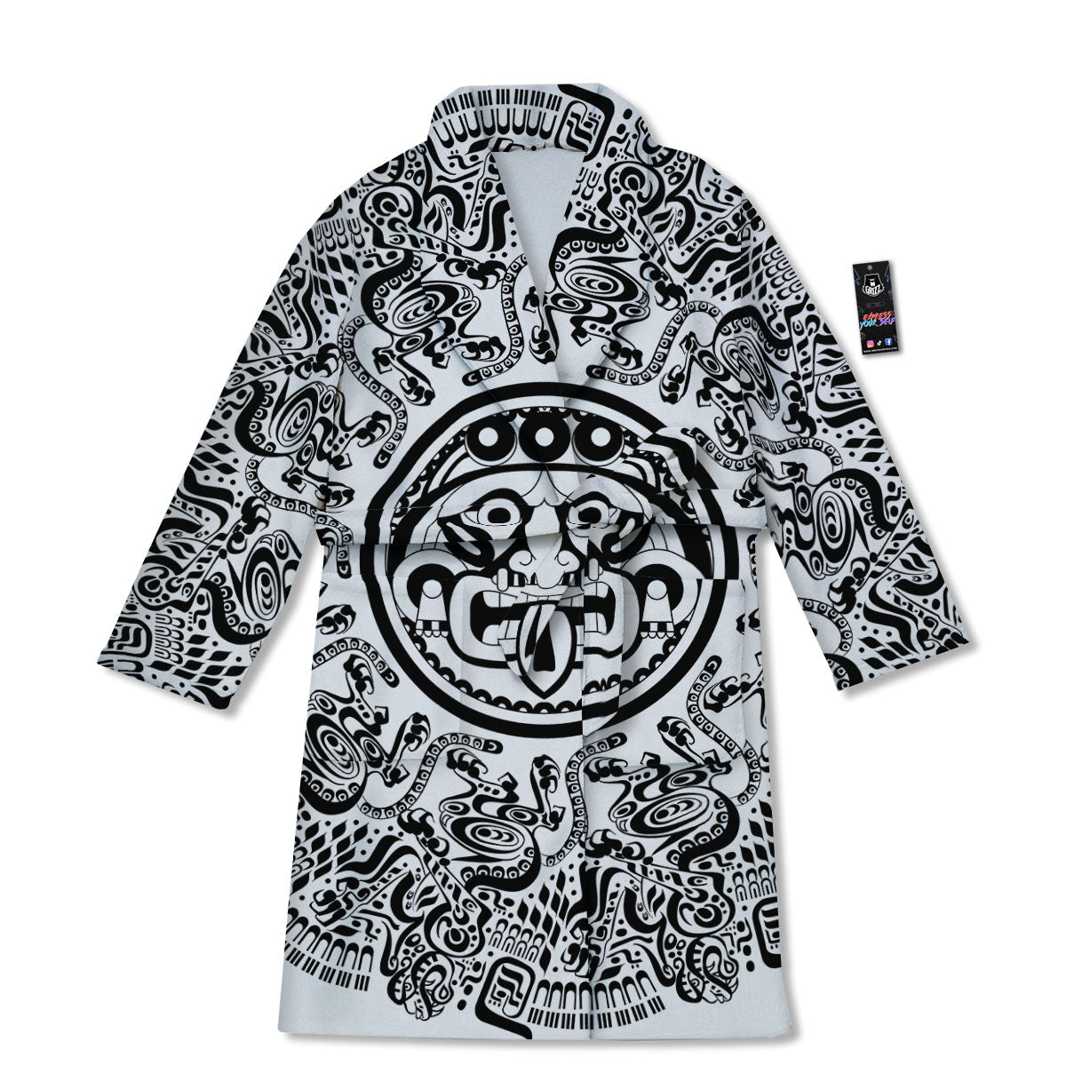 Maya Calendar White And Black Print Bathrobe-grizzshop