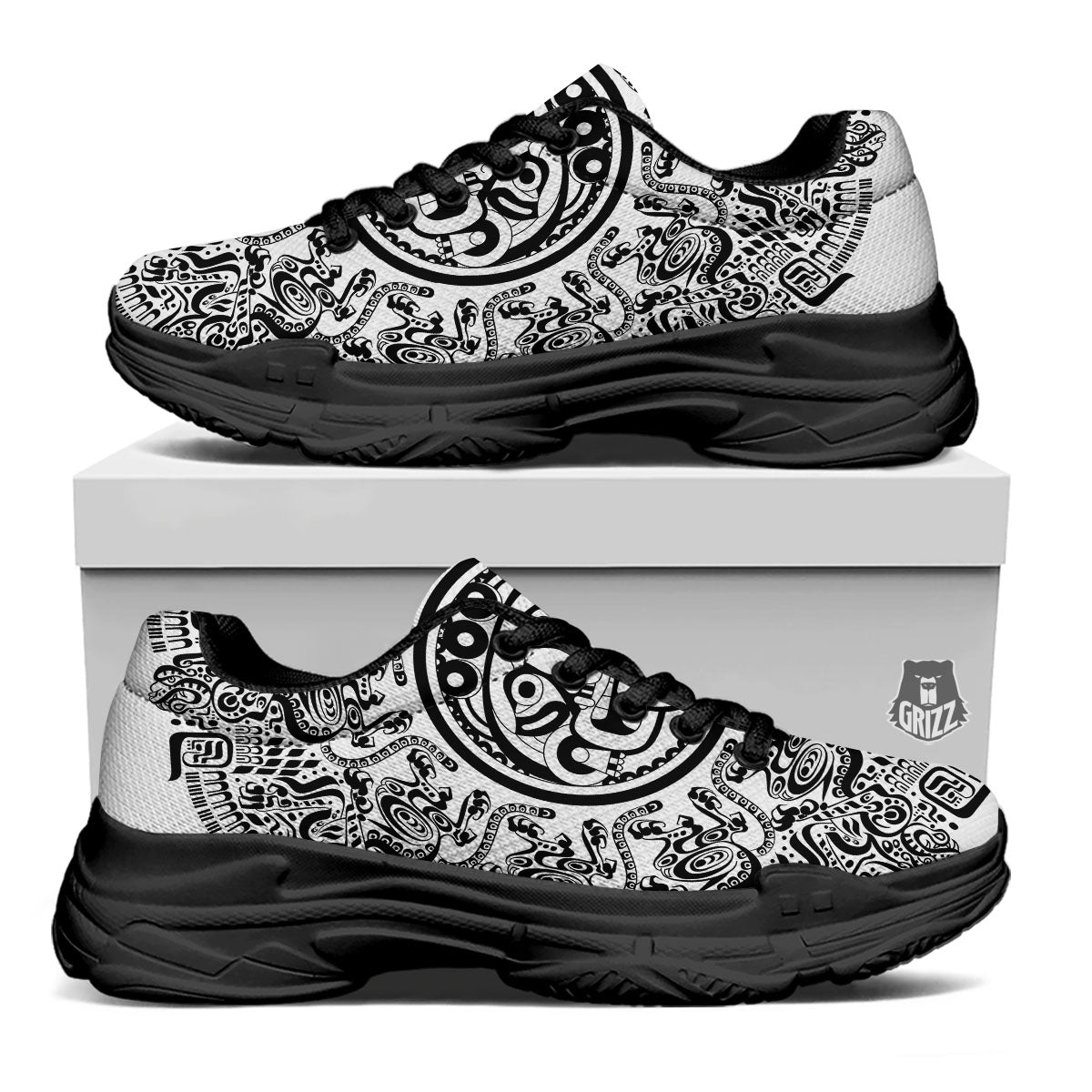 Maya Calendar White And Black Print Black Chunky Shoes-grizzshop