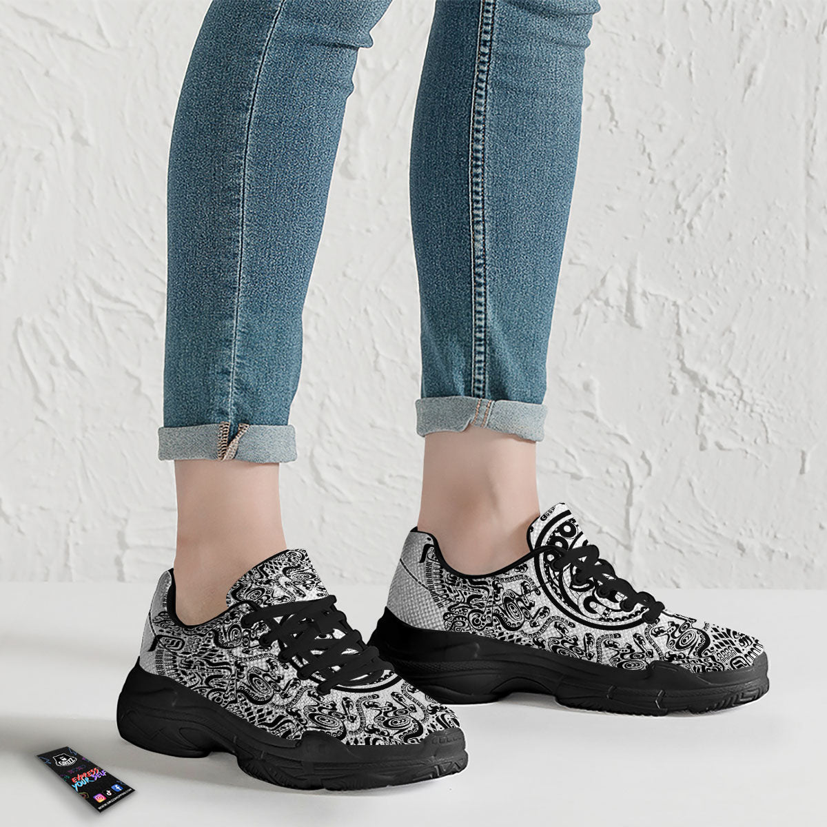 Maya Calendar White And Black Print Black Chunky Shoes-grizzshop