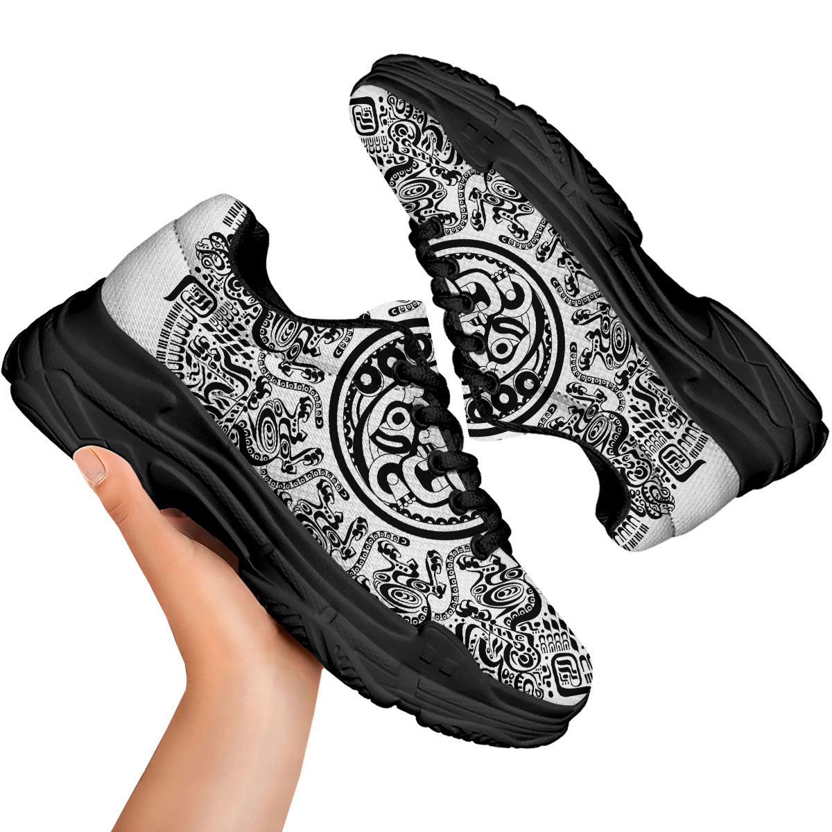 Maya Calendar White And Black Print Black Chunky Shoes-grizzshop