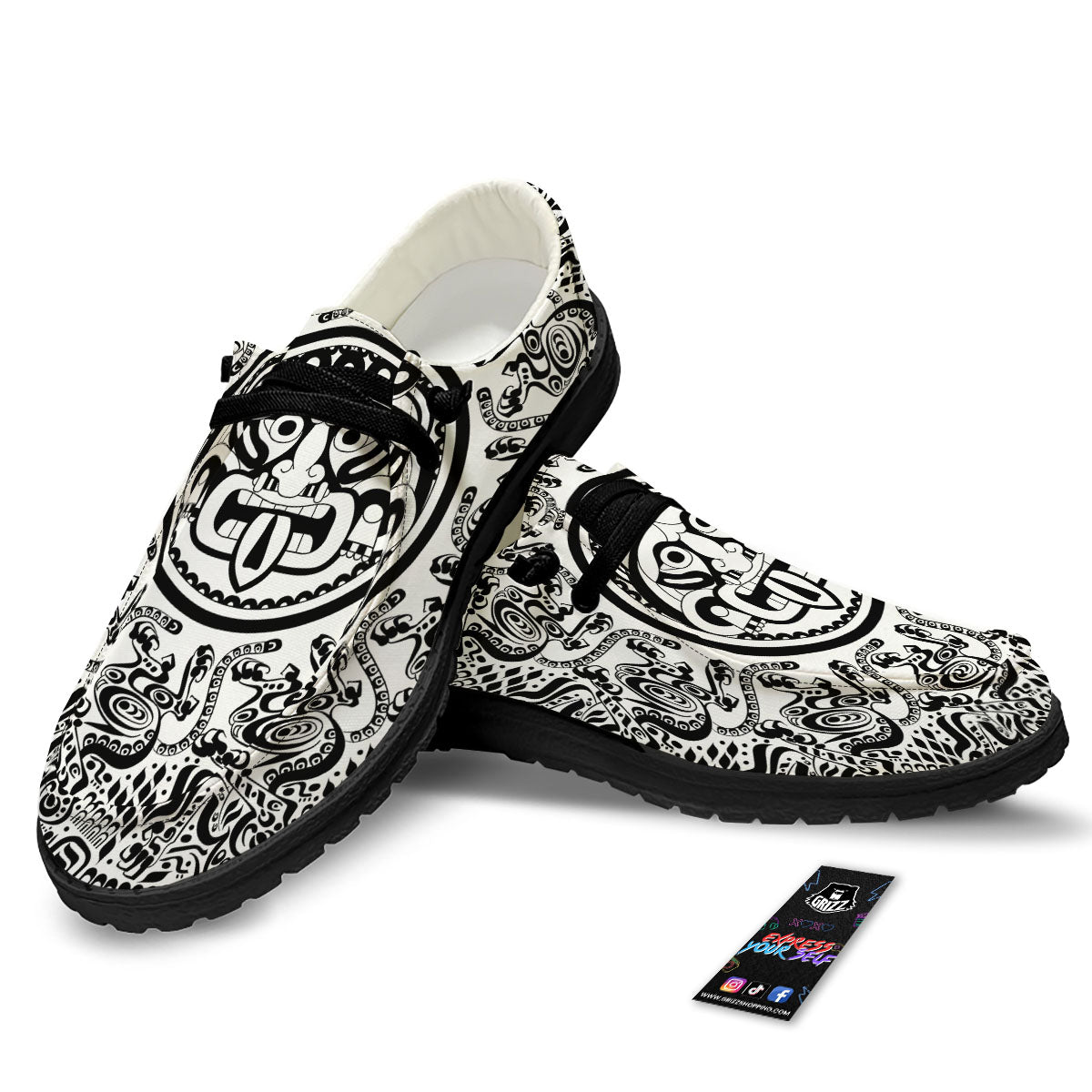 Maya Calendar White And Black Print Black Loafers-grizzshop
