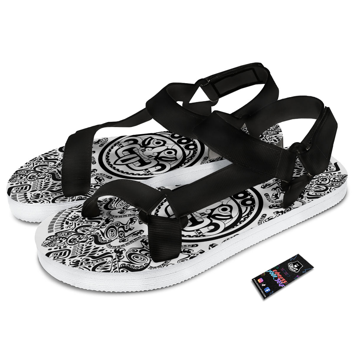Maya Calendar White And Black Print Black Open Toe Sandals-grizzshop